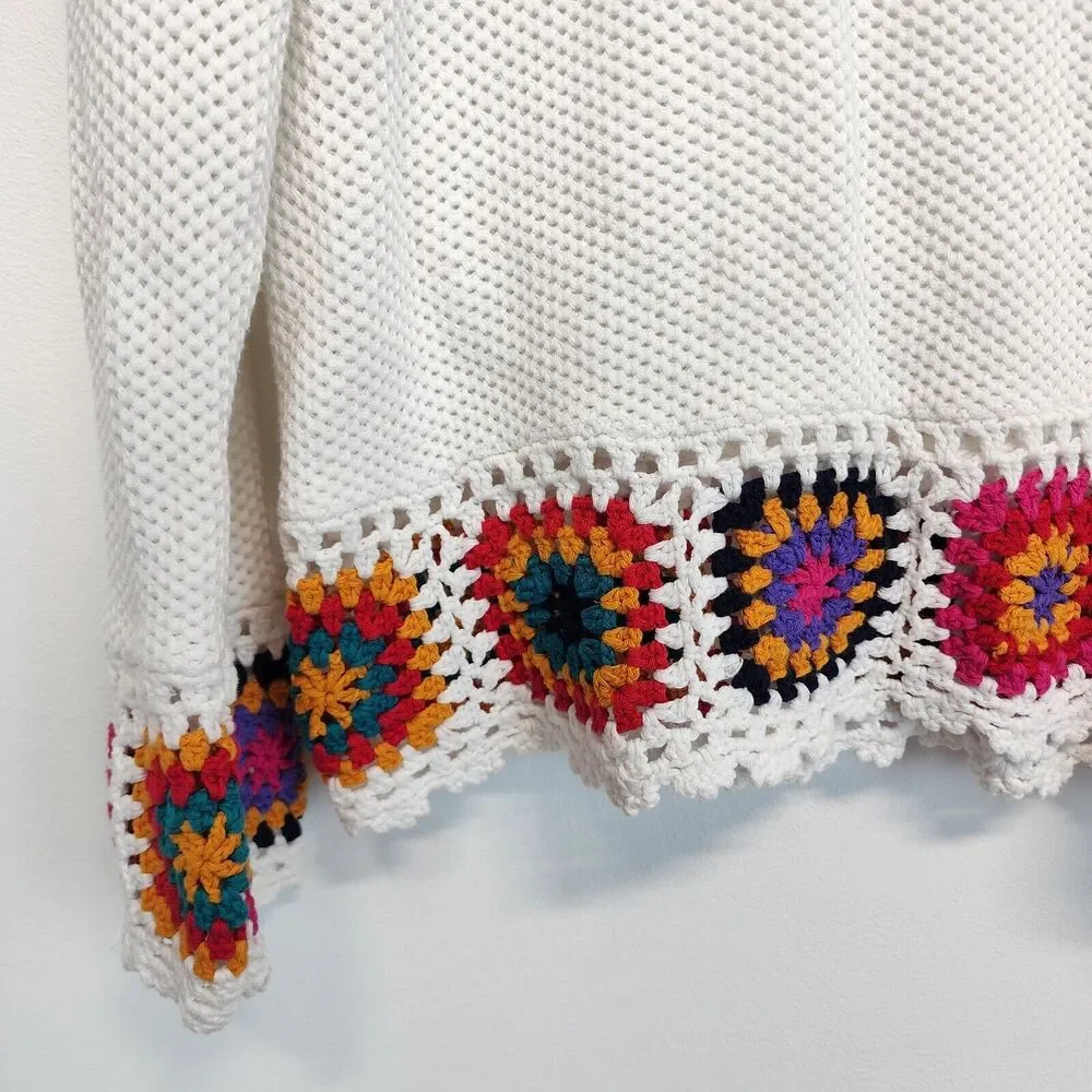 Joseph A. Womens Granny Square Crochet Trim Sweater Size XL White Pullover Knit